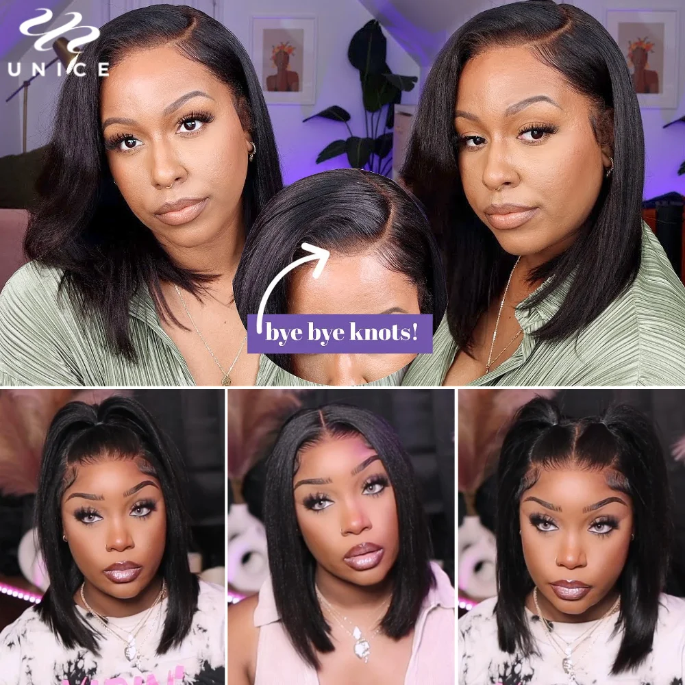 Unice cabelo cordão boné yaki em linha reta bob peruca pré corte pré branqueado 7x5 fechamento do laço perucas sem cola cabelo humano pronto para usar ir