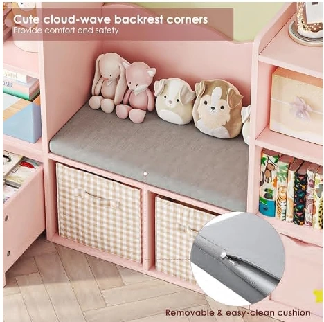 Bookshelf with Reading Nook, Kids Bookcase with Soft Cushion Seat, 2 Wheels Drawers and 8 Storage Cubbies, Toy Storage Orga