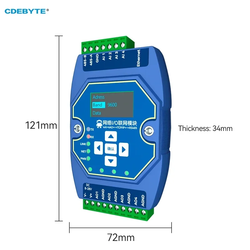 EBYTE ME31-XAXA0404 DC 8-28V Modbus TCP/RTU I/O Networking Modul 4AI + 4AO 0-20mA/4-20mA RJ45 RS485 Modbus Gateway OLED Display