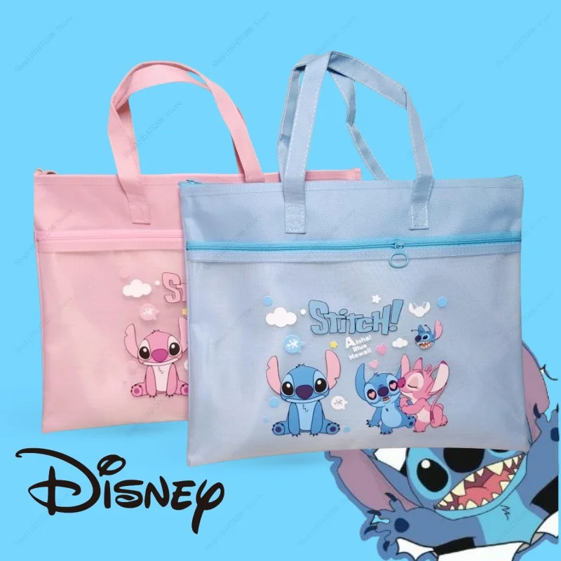 Disney File Bag Storage Bag Waterproof Stitch Oxford School Supplies Students Cloth Two Zippers Creative Large-Capacity Handbag