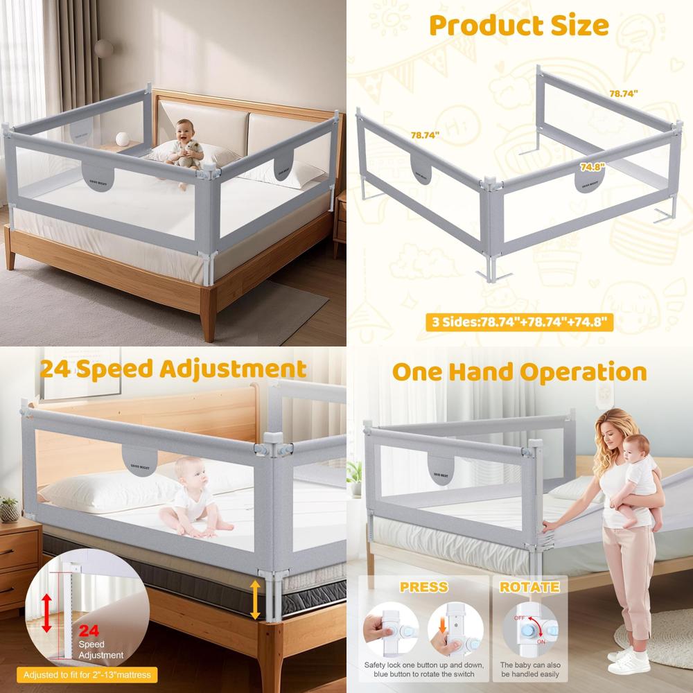omzer Bed Rail for Toddlers - 3 Sides Safety Baby Bed Rail Guard with Child Lock, Infants Height Adjustment King Size Bed Guard