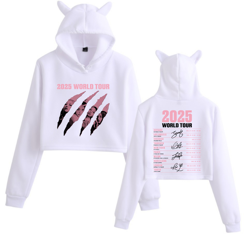 2025 Black World Tour Merch Cat Ears 2-seitiger Langarm-Crop-Tops für Mädchen, modischer Kapuzenpullover