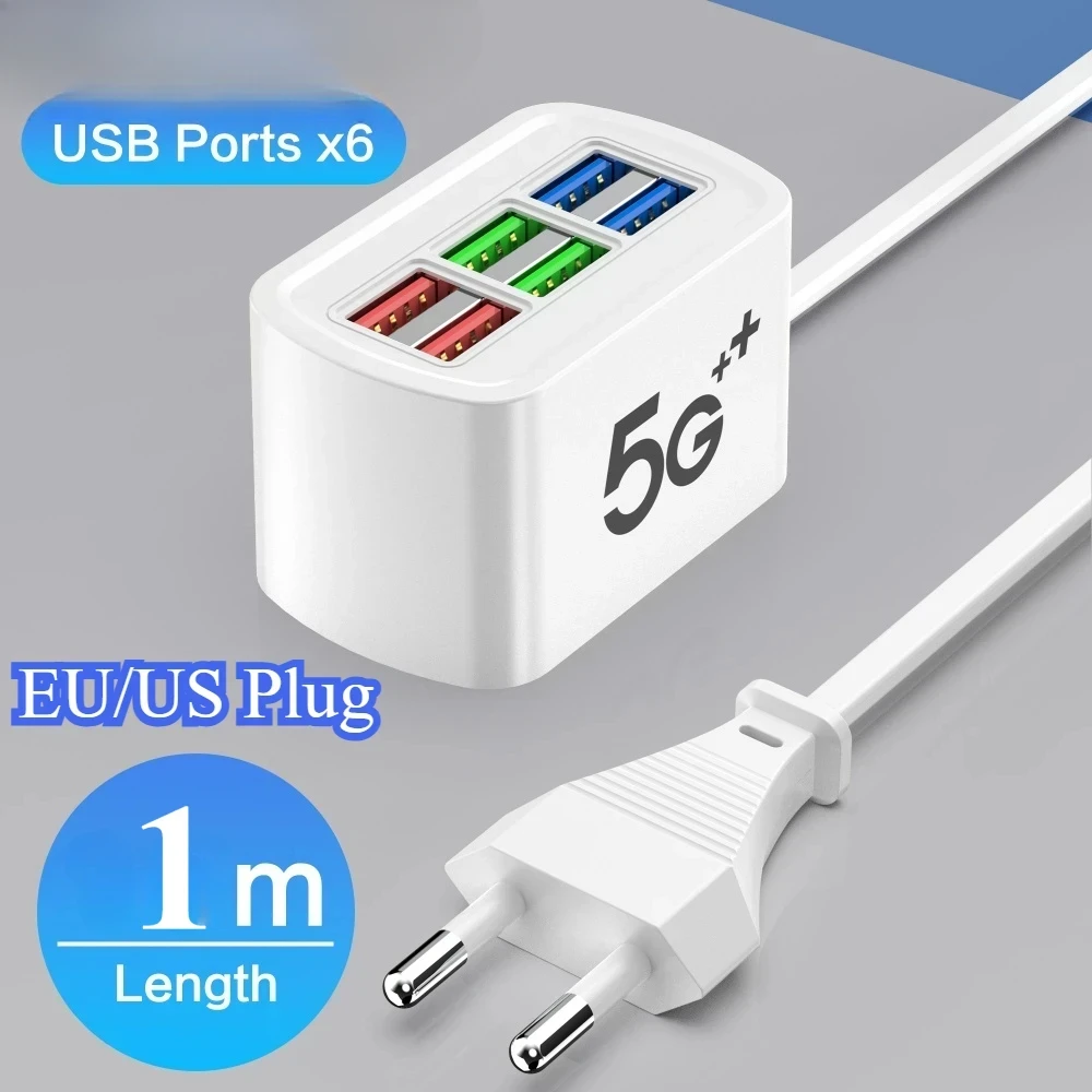 マルチ6ポートUSB電話充電器電源タップユニバーサルアダプター高速急速充電ヘッドソケット壁充電器ソケットハブスプリッター