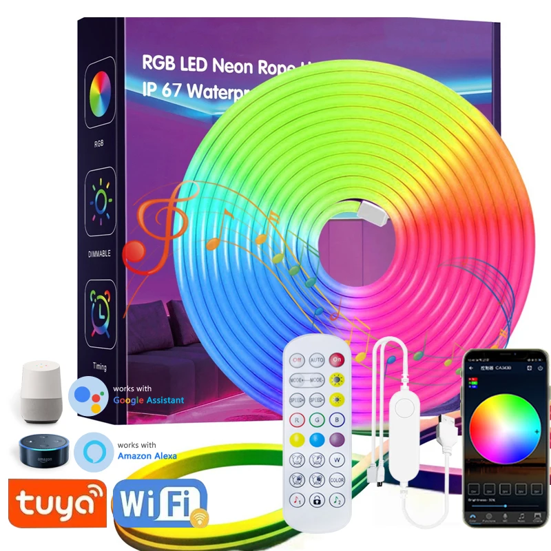 Tira de luces LED de neón USB TUYA WIFI de 5V, cuerda de lámpara de neón de silicona RGB con aplicación WIFI y control remoto para iluminación de decoración de neón DIY