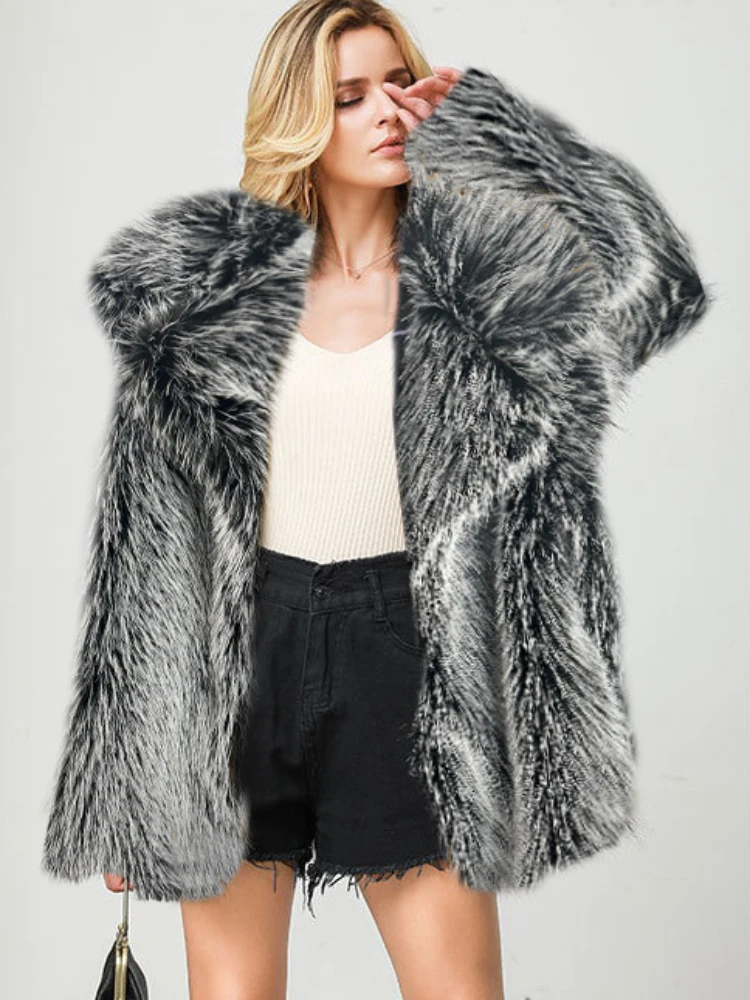 Silbergrauer Kunstpelzmantel für Damen, Herbst und Winter, große Jacke, Mantel, Umlegekragen, Taschen, dicker Mantel, warme Jacken, Maxikäntel