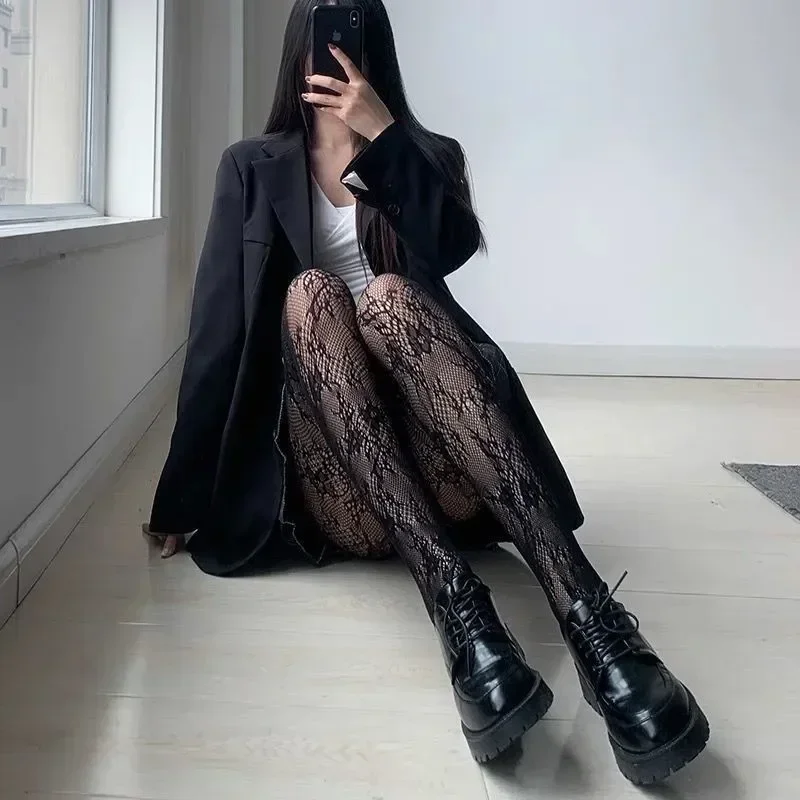 Women Sexy Black White Lolita Hollowed Lace Mesh Stockings Bottomed Pantyhose Japanese Goth Floral Rattan Hot Classic Tights