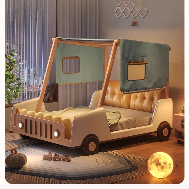 Cama abierta de dibujos animados para coche, niño, valla de madera maciza, cama, casa en el árbol, tienda de campaña