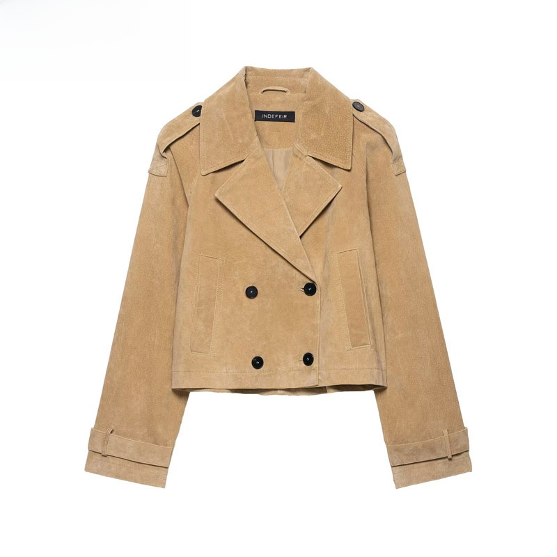 Jaqueta Curta Fena de Couro Puro ZBZR Nova Coleção Outono, Estilo Casaco Quente com Fibra de Poliéster 00%, Ajuste Unive...