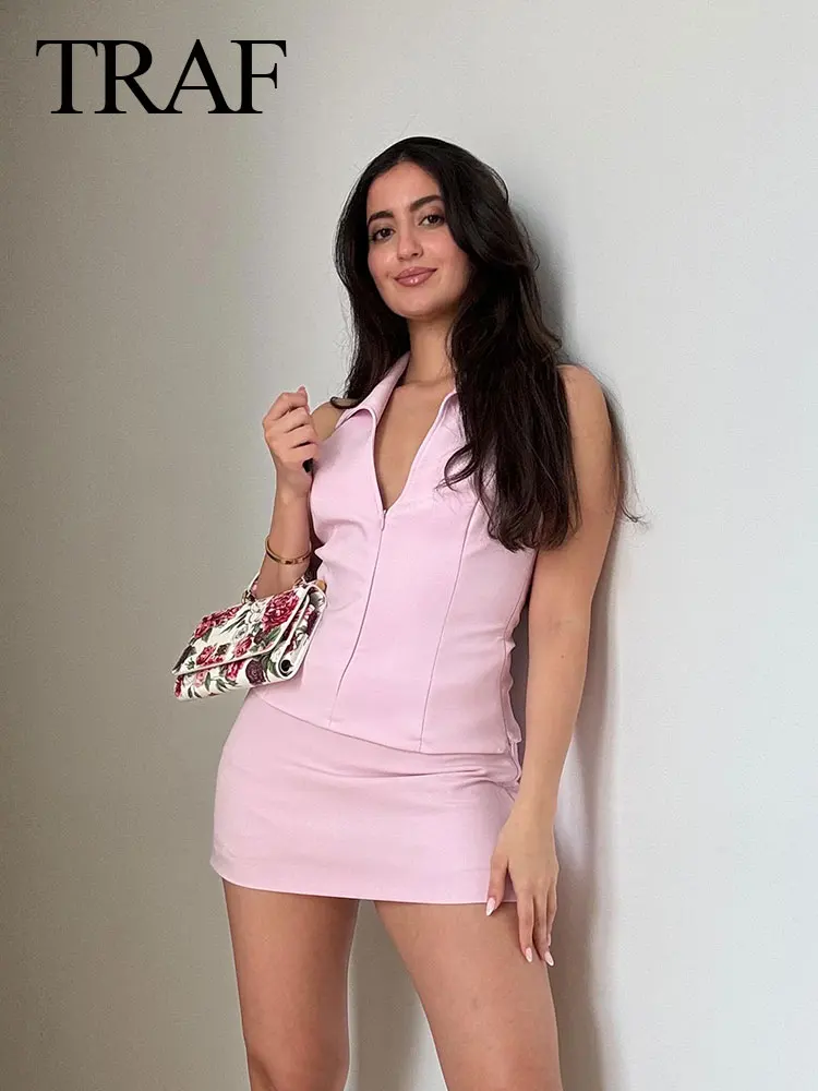 TRAF-Conjunto de 2 piezas de cintura alta para mujer, minifaldas con bolsillo trasero, pantalones cortos, Sexy, cuello en V, sin mangas, Espalda descubierta, Top con cremallera
