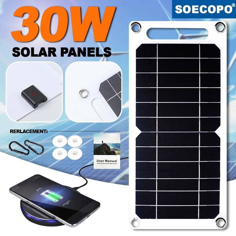 Panel Solar portátil Sunpower de 30W, placa Solar de 5V con cargador estabilizador seguro USB para teléfono, banco de energía, Camping al aire libre, hogar, regalo RV