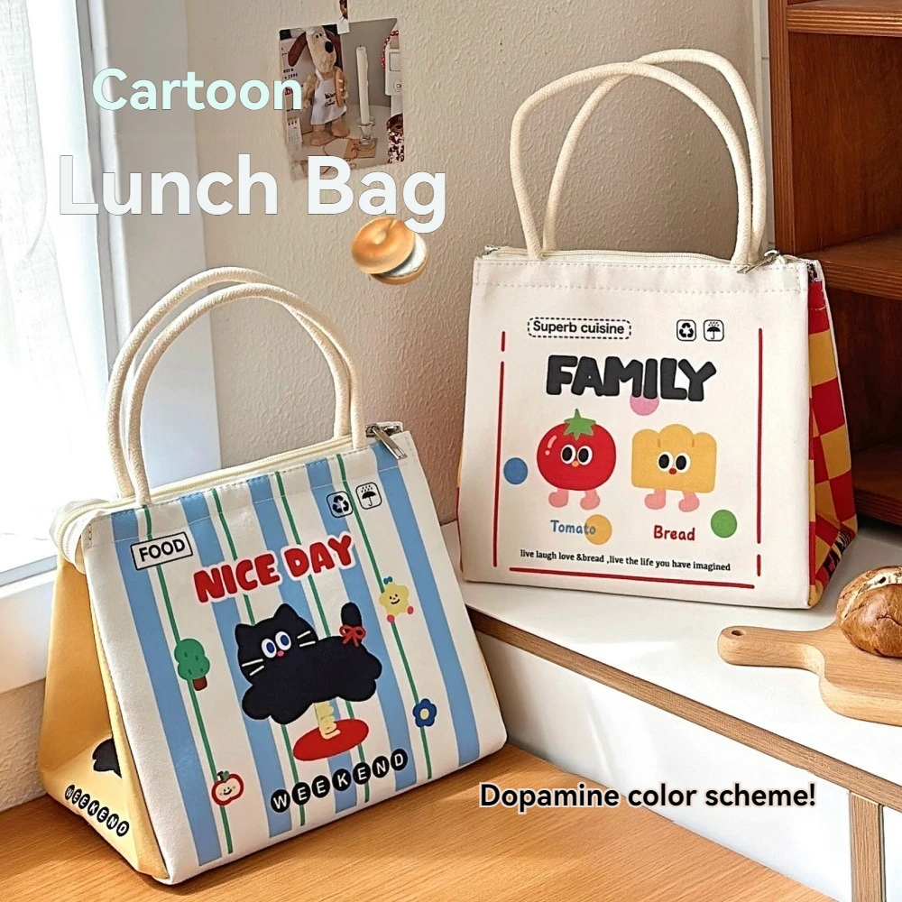 Borsa per il pranzo con gattino carino Borsa per il pranzo isolata in foglio di alluminio tenuto in mano per studenti Borsa per il pranzo di grande capacità