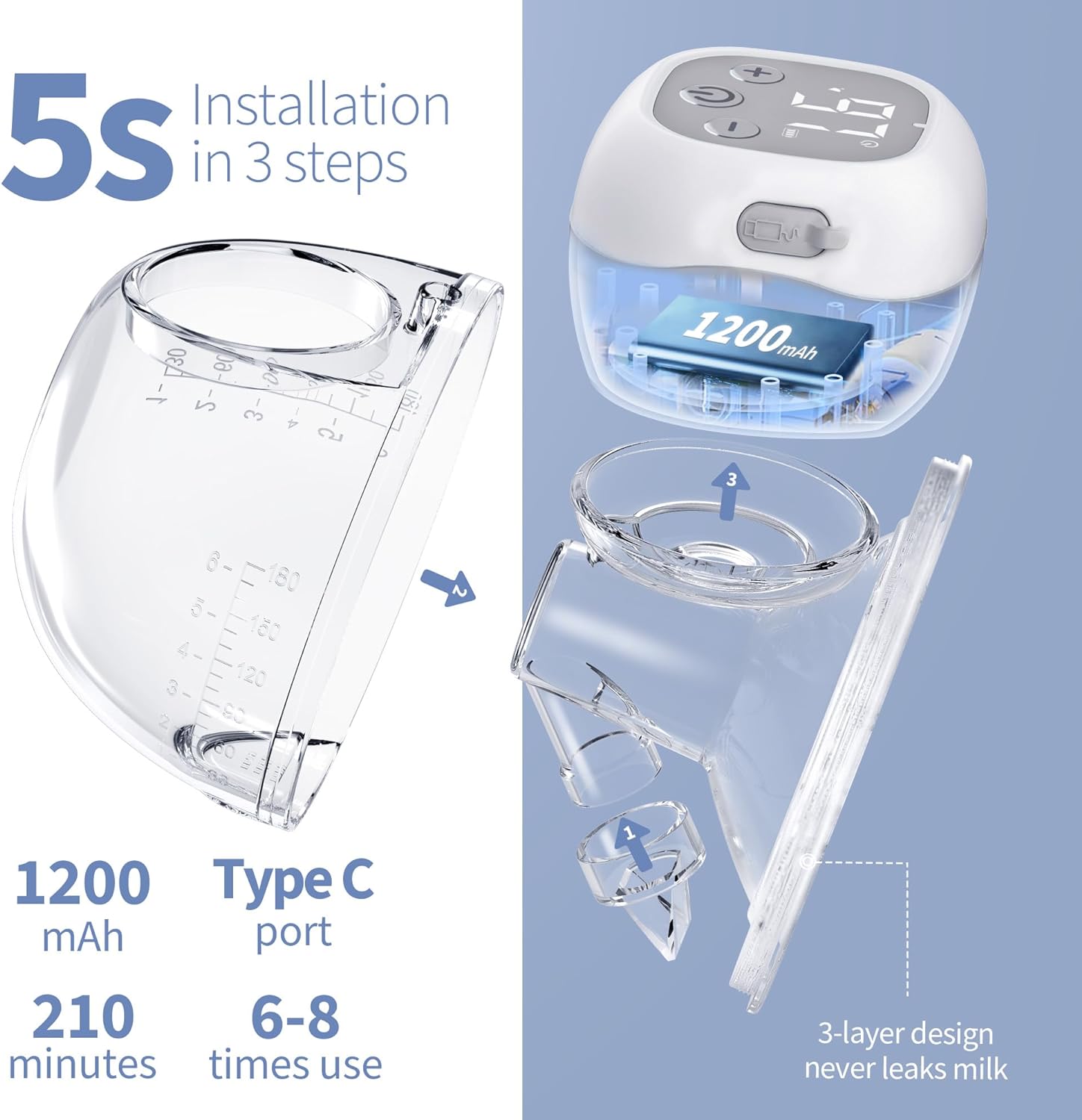 Extractor de leche portátil para amamantar, extractor de leche sin dolor, manos libres, 1200mAh, 3 modos, 12 niveles