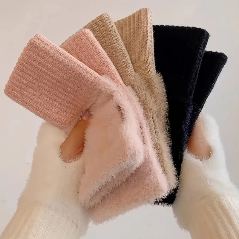 Herbst Winter Weiche Nerz Fleece Halbe Finger Handschuhe Frauen Plüsch Gestrickte Finger Handschuhe Handgelenk Fäustlinge Fahren Schreiben Handschuhe