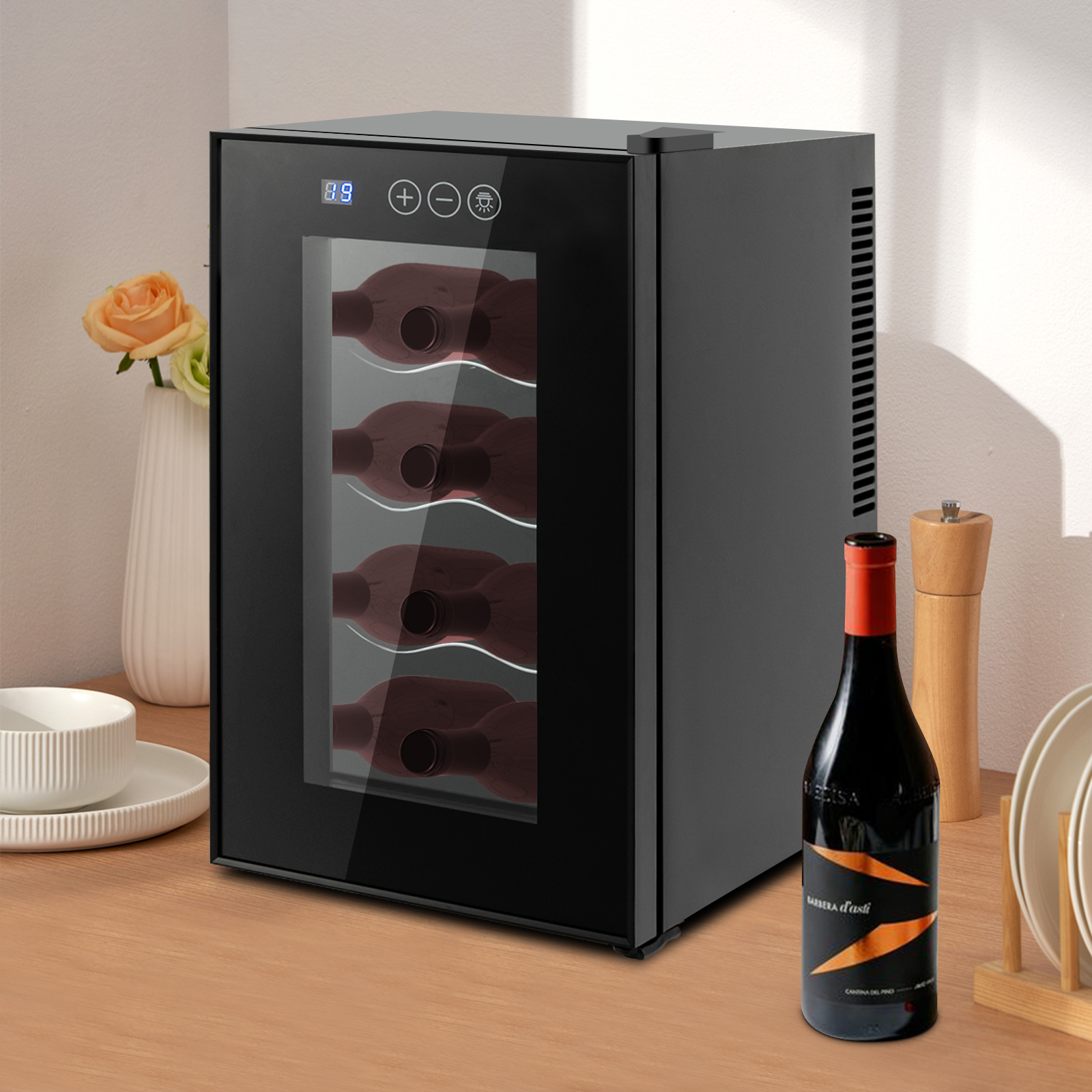 23L 8 Flaschen Weinkühlschrank Aufbewahrungsschrank Schwarz Halbleiterkühler 8-18 ° C Intelligente Temperaturregelung LED-Anzeige