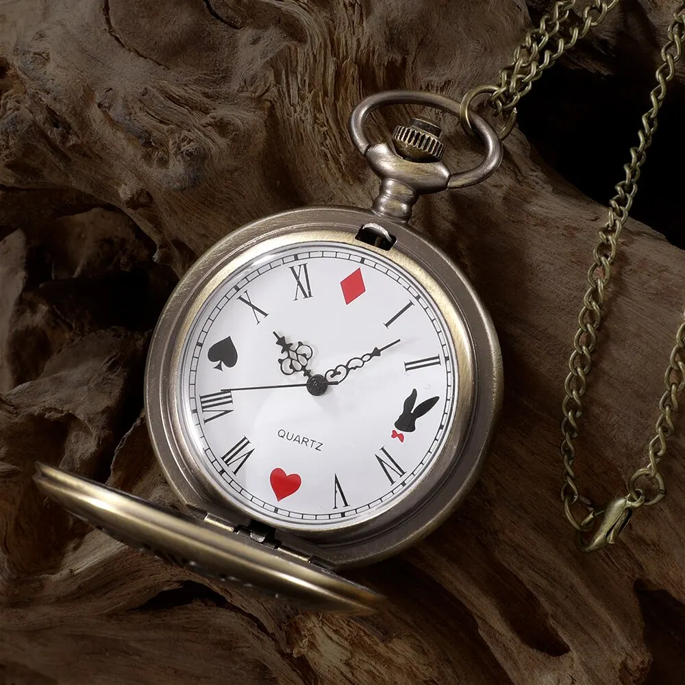 Neue Bronze Quarz Taschenuhr Retro Alice Thema Tasche Fob Uhr Anhänger Halskette Taschenuhr Männer Damen Geschenk