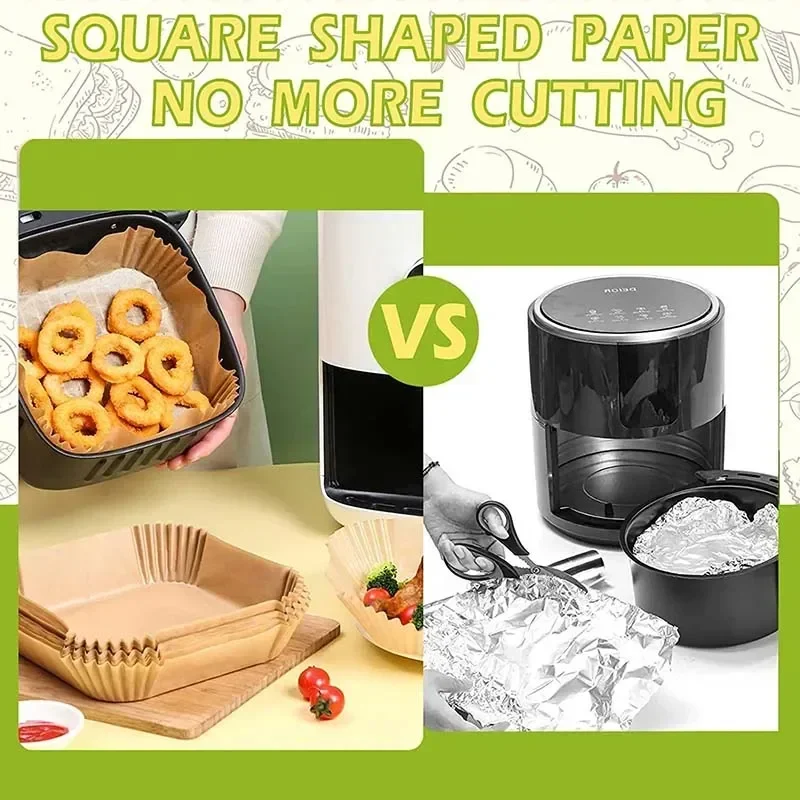 Bandejas de papel para freidora de aire, moldes de papel para hornear, cuadrado, redondo, a prueba de aceite, revestimiento de papel desechable para cocina, 100/50 Uds.