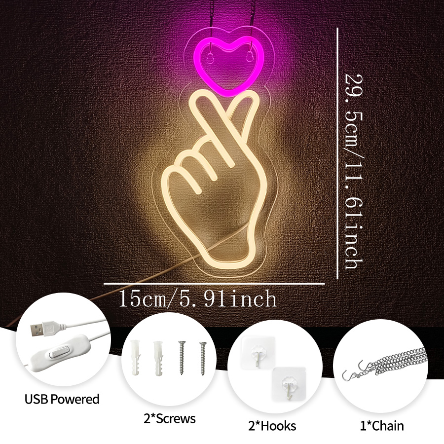 Insegna al neon mano a mano, interruttore alimentato tramite USB con icona d'amore rosa a led, utilizzato per la camera da letto, il club, il matrimonio, la decorazione dello sfondo di compleanno.