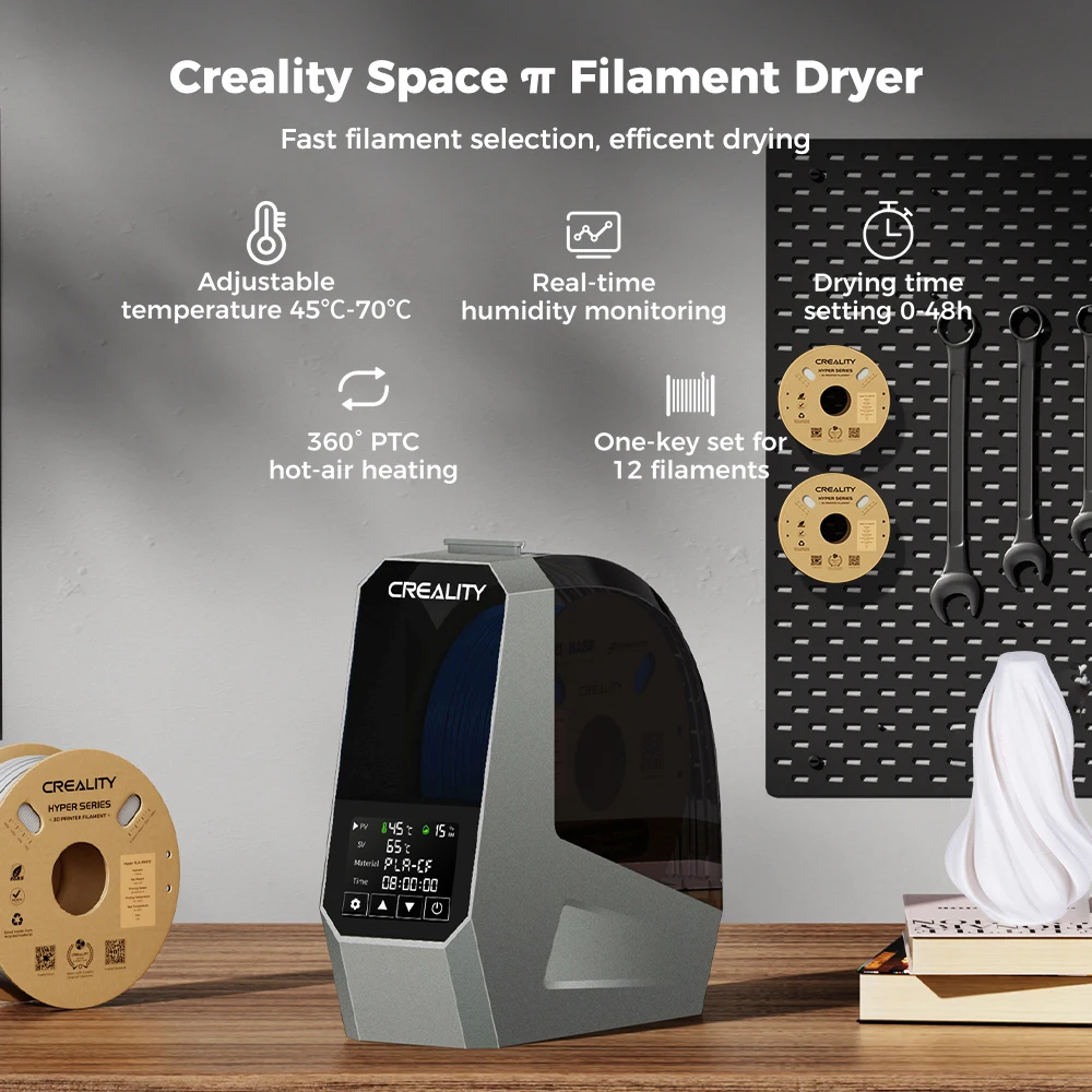 Pudełko z suszarką do żarnika Creality Space π 360° °   Ogrzewanie gorącym powietrzem Filament 1,75 mm i 2,85 mm Obsługuje 48-godzinny timer Wilgotność w czasie rzeczywistym