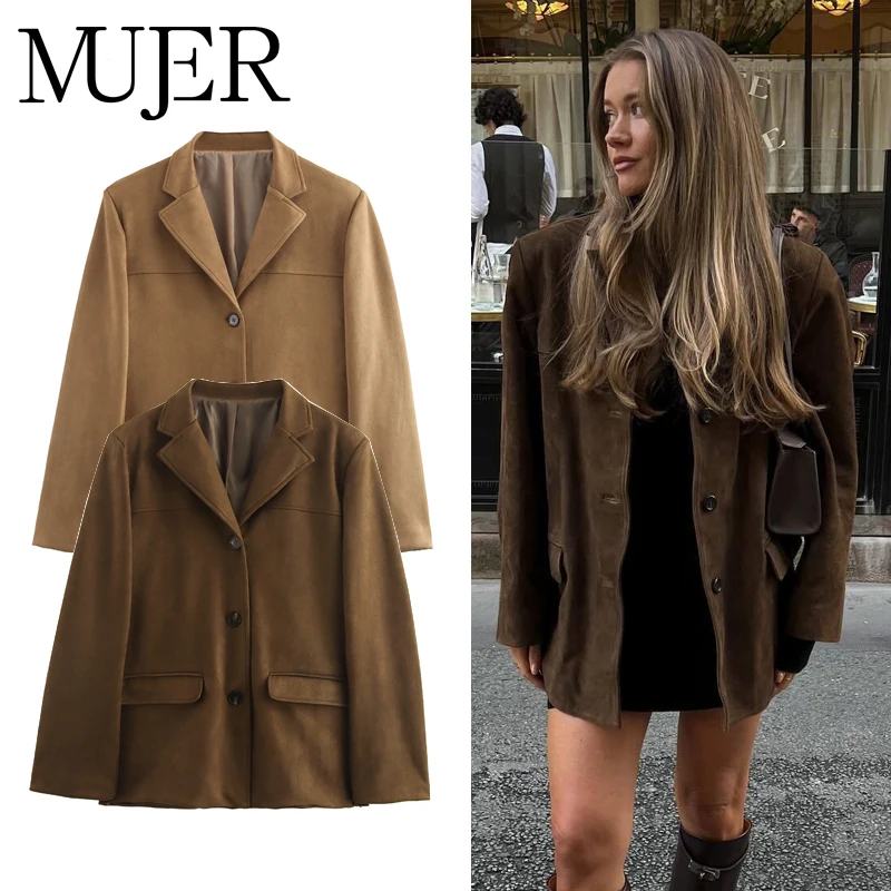MUJER 2025 Office Blazers dla kobiet Moda Zamszowa kurtka damska Wiosenne okrycia wierzchnie Casualowa marynarka damska Damskie płaszcze z długim rękawem