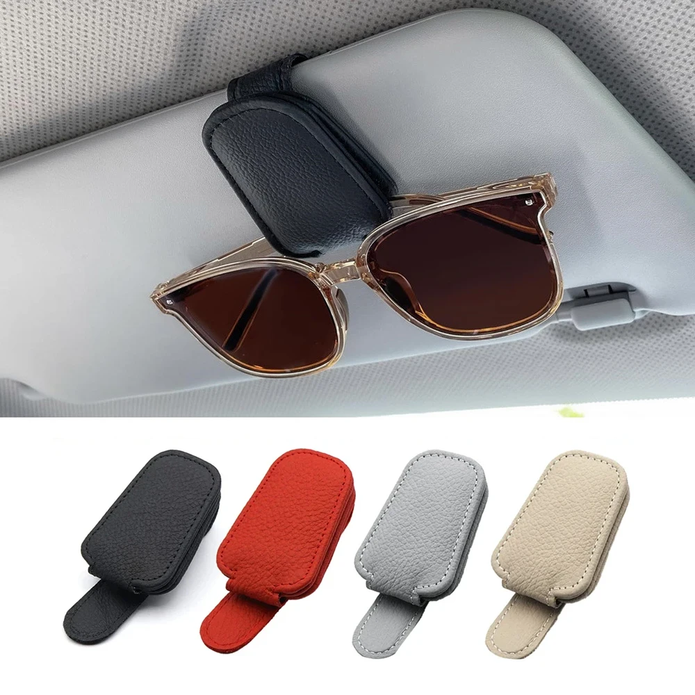 Soporte Universal para gafas de sol de coche, Clip de cuero magnético para tarjetas, soporte para billetes, visera para coche, caja de gafas, accesorios de decoración