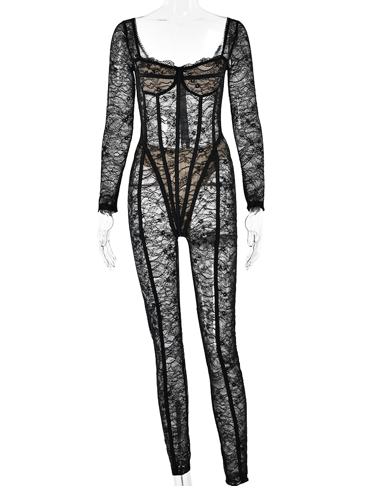 Fantoye セクシーなシースルーレース花女性ジャンプスーツ白長袖中空アウトジャンプスーツ秋ボディコンエレガントなパーティークラブウェア