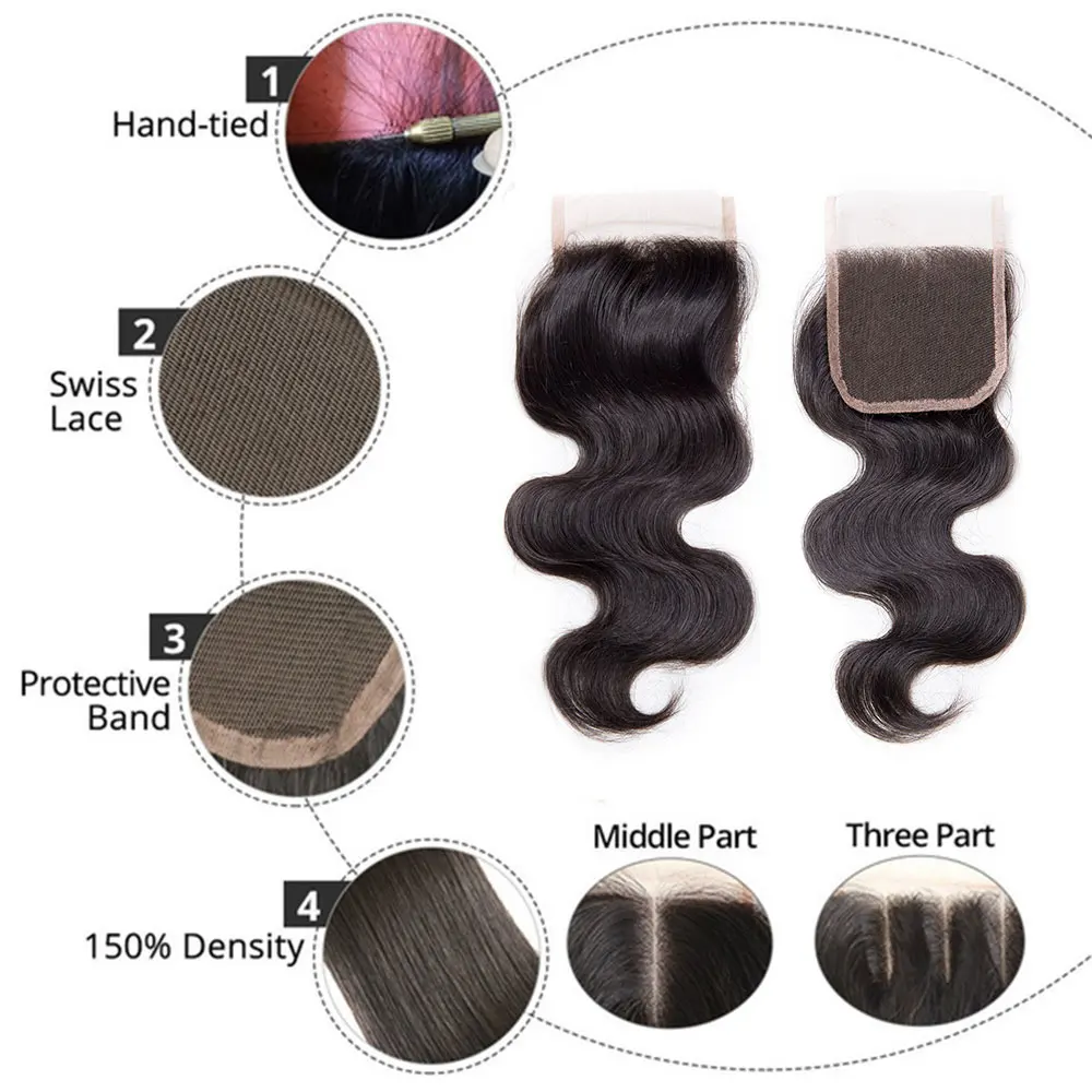 Cierre de onda corporal, cabello humano prearrancado, cierre de cabello humano ondulado transparente, cierre de encaje 2x6, 4x4, 5x5, 13x4, Frontal de encaje