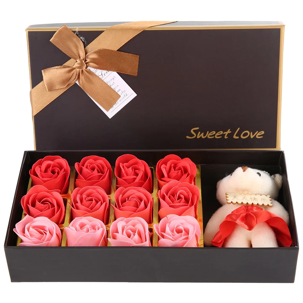 12 bunga mawar sabun bunga mewah beruang hadiah romantis Hari Valentine dengan kotak