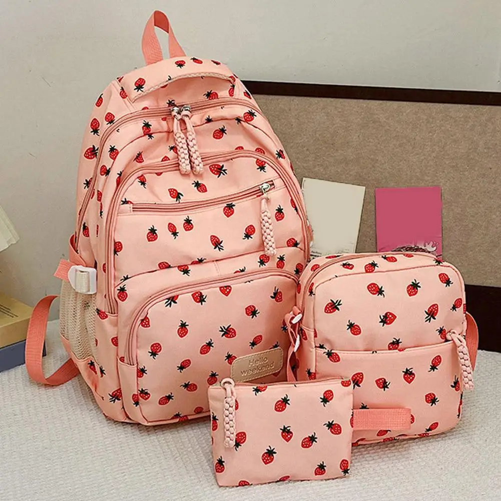 Mochila de pana, conjunto de tres piezas con estampado de fresa, mochila informal diaria, mochila ligera de gran capacidad para ir al trabajo