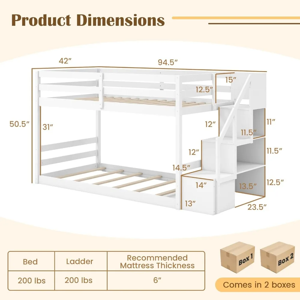 Twin Over Twin Bunk Bed with Stairs, Solid Wood Floor Bunk Bed with Storage Staircase & Full-Length Guardrails,