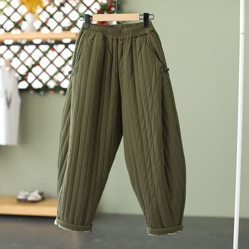 Pantalones holgados de algodón con cintura elástica para mujer, calzas Retro gruesas y cálidas con Clip, prendas de vestir para invierno, 2023
