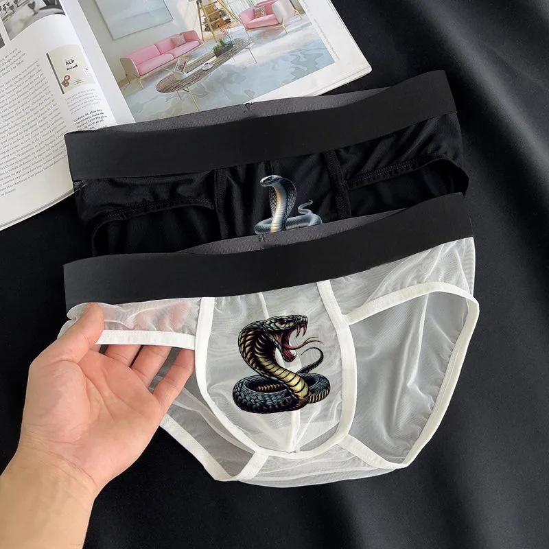 Schwarz-weiße Mesh-Slips für Herren, sexy atmungsaktive Slips mit mittlerer Taille, Hot Snake Image Picture, Macho Man