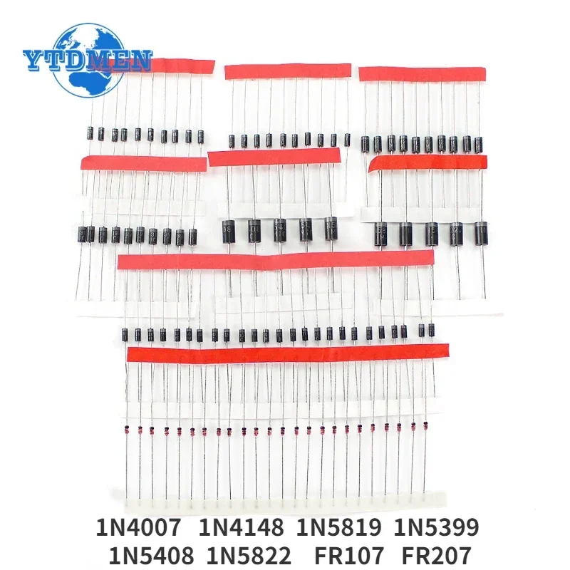 50-200 Uds diodo Schottky de conmutación rápida 1N4007 1N4148 1N5819 1N5399 1N5408 1N5822 FR107 FR207 Kit de diodos rectificadores