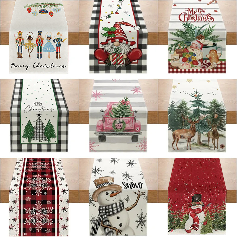 リネンクリスマステーブルランナー、雪だるまテーブルクロス、クリスマスツリー、ホームダイニングテーブルカバー、ノエル装飾、2025、2023