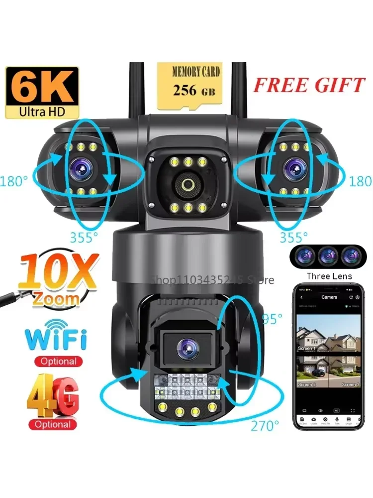 Kamera monitoringu wideo z 3 obiektywami, kamera CCTV WiFi, kamera bezprzewodowa z kartą SIM 4G, monitor 360°, zewnętrzne wodoodporne kamery bezpieczeństwa