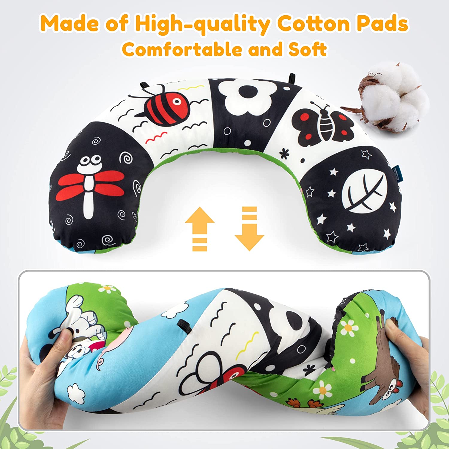 Tummy Time Pillow with 3D Crinkle Mat & Teethers Black White High Contrast Baby Toys with Mirror Sensory Toys for Infant Newborn