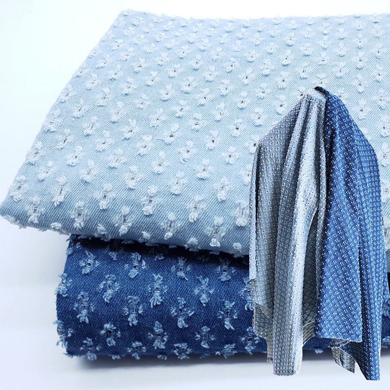 Tecido Jacquard Denim lavado, pequenos furos de perfuração listra, impressão de caracteres chineses, roupas de costura, primavera, outono