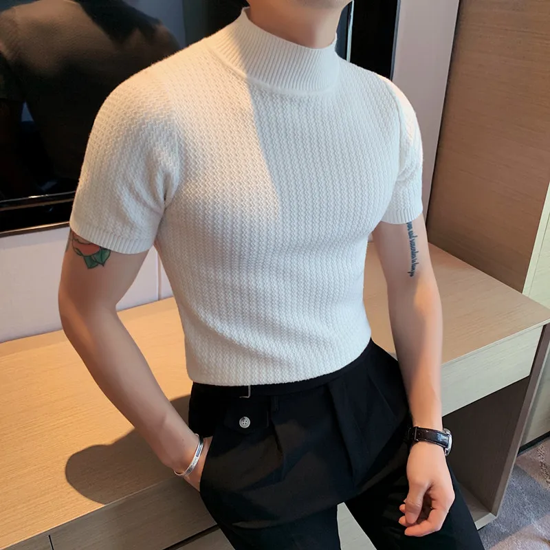 Camisola de malha de manga curta masculina 2024 primavera nova gola alta cor sólida casual esticado fino ajuste homme pullovers roupas masculinas