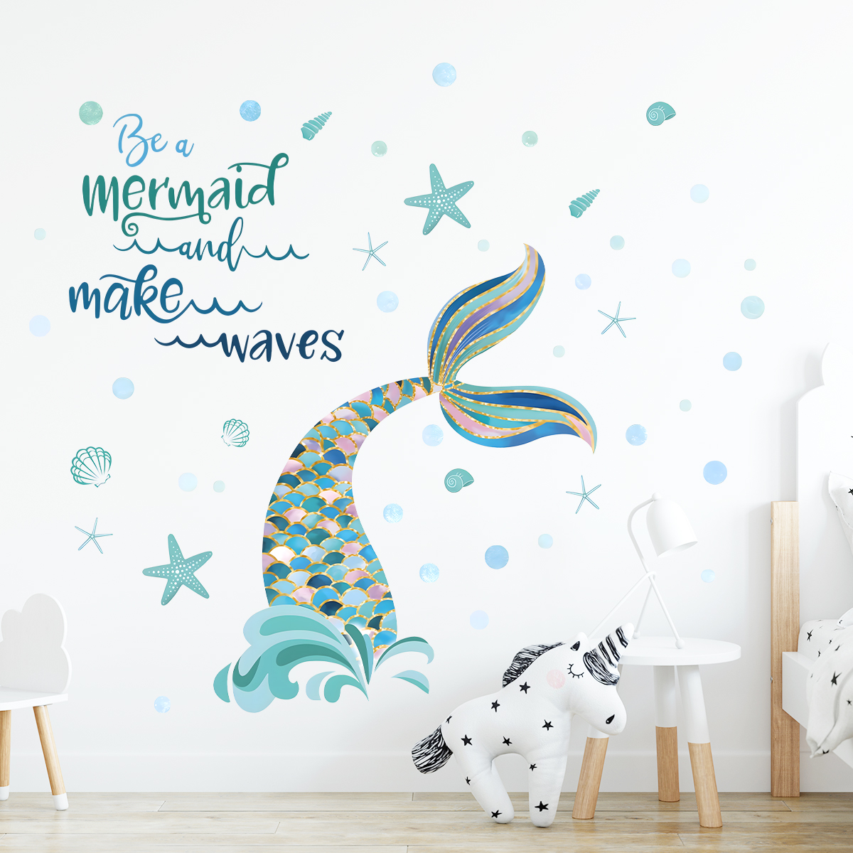Stickers muraux de dessin animé méduse sirène pour enfants, décor de chambre, arrière-plan, filles, salon, décoration de la maison, décalcomanie, lueur