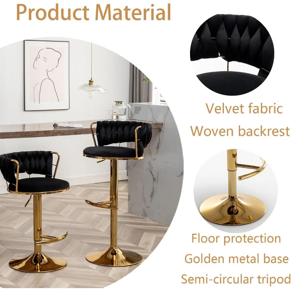Velvet Bar Stools Set of 2, Counter Height Bar Stools with Low Back, Gold Swivel Bar Stool for Kitchen Island, Pub Stools