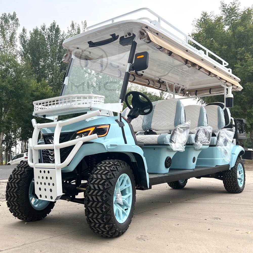 ขายใหญ่ 8 ที่นั่ง 48V 72V 150W แผงพลังงานแสงอาทิตย์รถเข็นแบตเตอรี่ลิเธียม 14 นิ้วยางรถกอล์ฟไฟฟ้า Dune Buggy Off-Road รถกอล์ฟ
