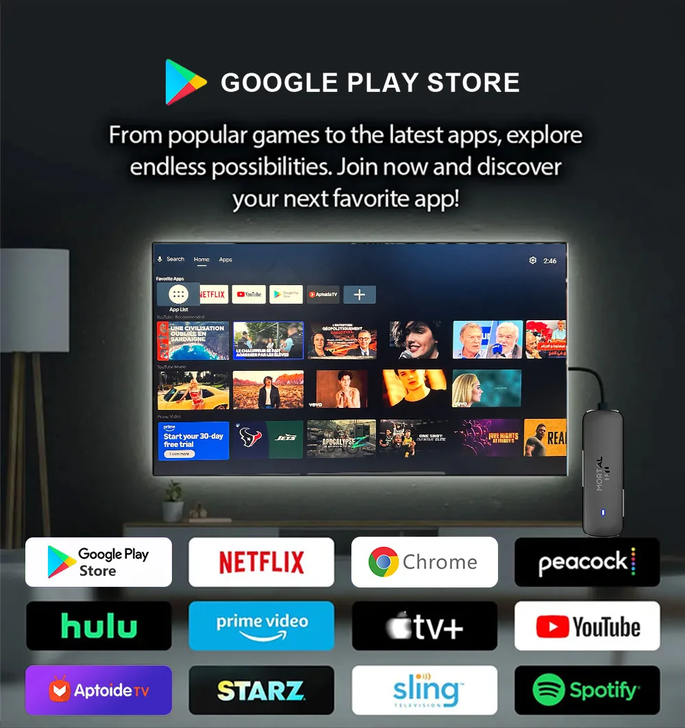 Versión en vivo de Android 14 TV stick 4k 1080p WiFi 6 Google Voice Netflix youtube q8 BT5 24fps WiFi Decoding media player
