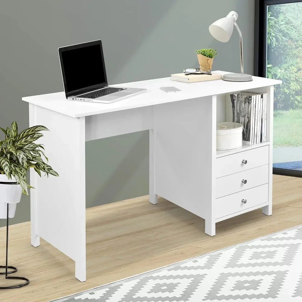 White Desk with Drawers - Small Office Desk with 3 Cabinet Drawers, Open Shelf, & Laminated Wooden Panels Office & Study Table