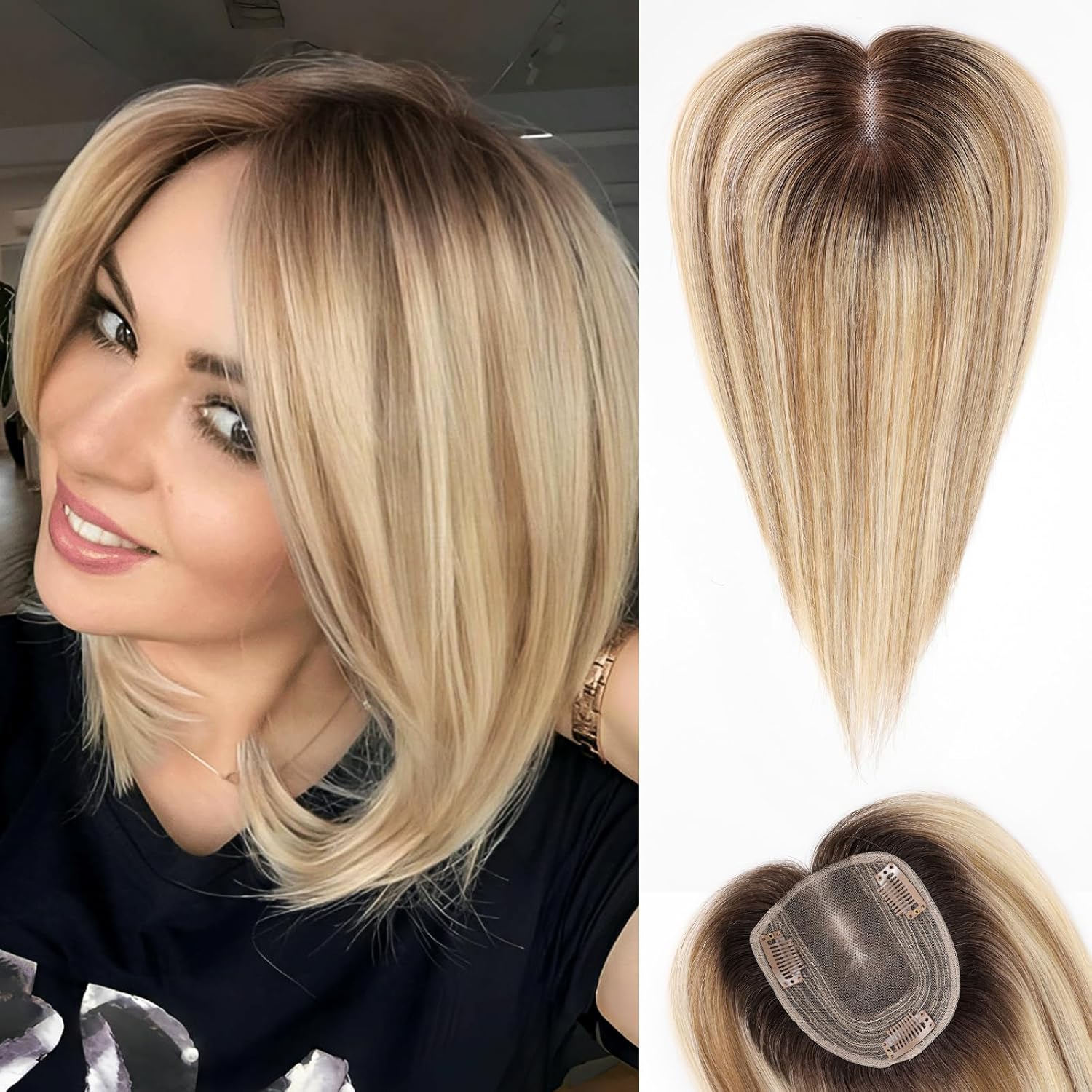 Toppers de cabelo humano real de 12 polegadas, loiro marrom, para mulheres com desbaste, 3 clipes, base de renda de seda em toppers de cabelo humano