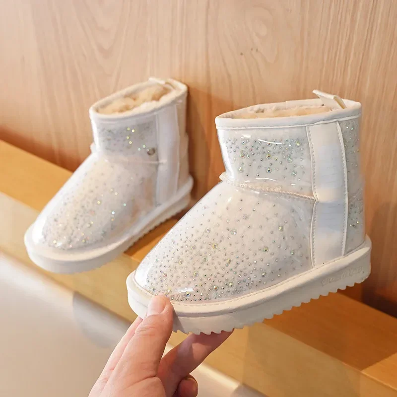Botas de felpa de algodón cálidas para invierno, botas de nieve antideslizantes con purpurina transparente, zapatillas informales para niña