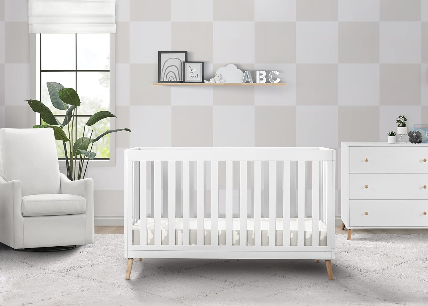 Children 4-in-1 Convertible Baby Crib, Bianca White with Natural Legs