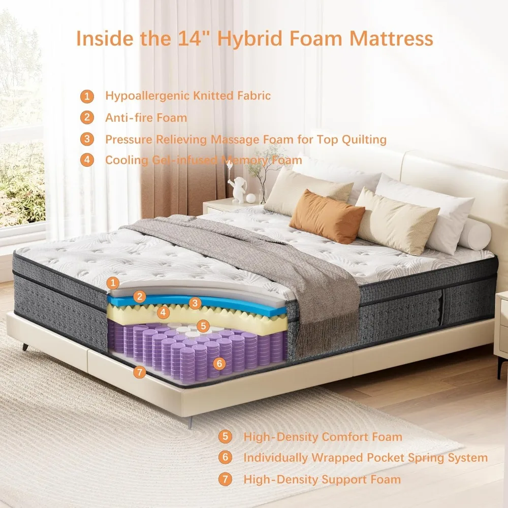 Mattress 14 inch, Medium Firm Hybrid Mattresses with Cooling Gel Memory Foam, King Mattress in a Box, Independent Spring