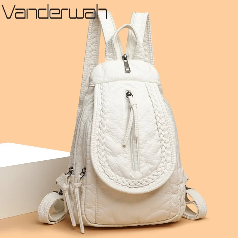 Mochila blanca para mujer, Bolso de hombro pequeño, mochila multibolsillo para mujer, bolso de cuero suave de alta calidad, bolso informal para adolescentes