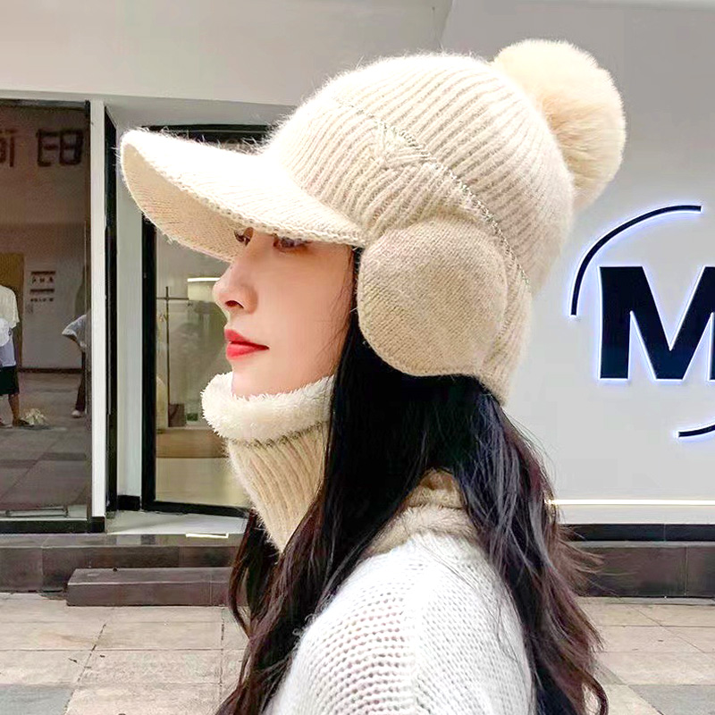 Gorro de punto con orejeras para mujer, de Color sólido con pompón gorra de béisbol, protección para las orejas, para ciclismo al aire libre