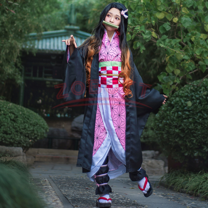 Anime Demon Slayer Cosplay Traje para Mulheres, Nezuko, Kimetsu No Yaiba, Kamado, Peruca, Uniforme, Roupas, Meninas