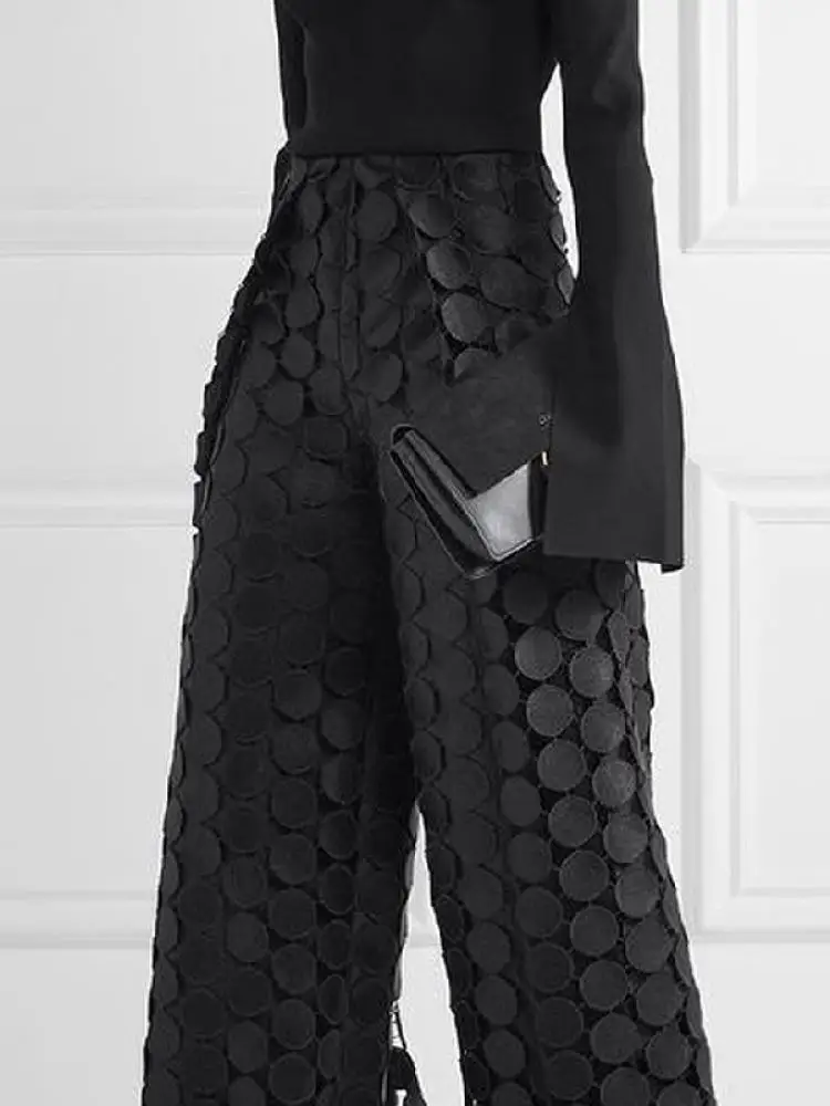 Yeezzi Frauen Mode Hohl Polka Dot Hohe Taille Breite Bein Hosen 2024 Neue Frühling Herbst Einfarbig Kausalen Büro Hosen